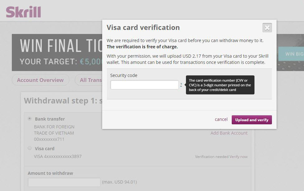 Không thể rút được tiền về thẻ visa card anz sau khi đã withdraw lên money booker skrill